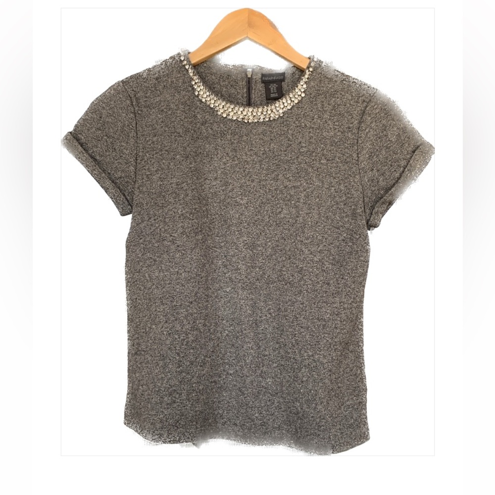 Paraphrase gray short sleeve sweater with jeweled collar size XS